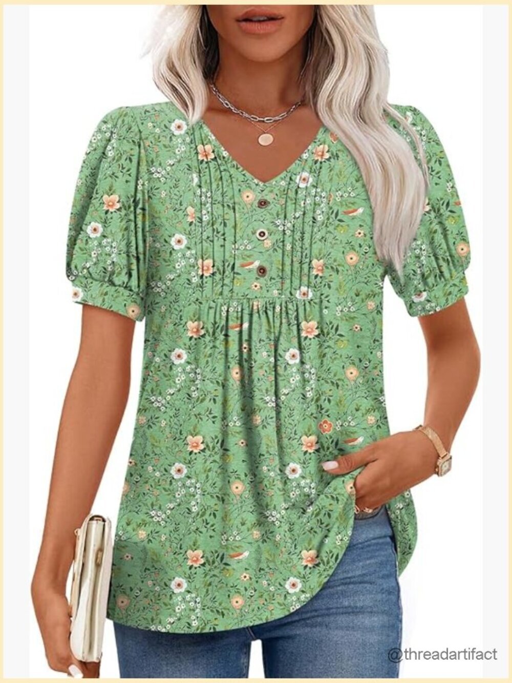 Women's Summer Tunic Short Sleeve V-Neck Blouse Ruffled Puff Sleeve Top